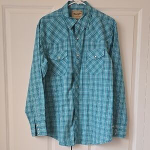 Wrangler Men's Teal Plaid Button-Down Western Shirt